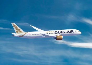 Gulf Air aircraft preparing for international flights from Dammam during temporary Bahrain airspace closure.
